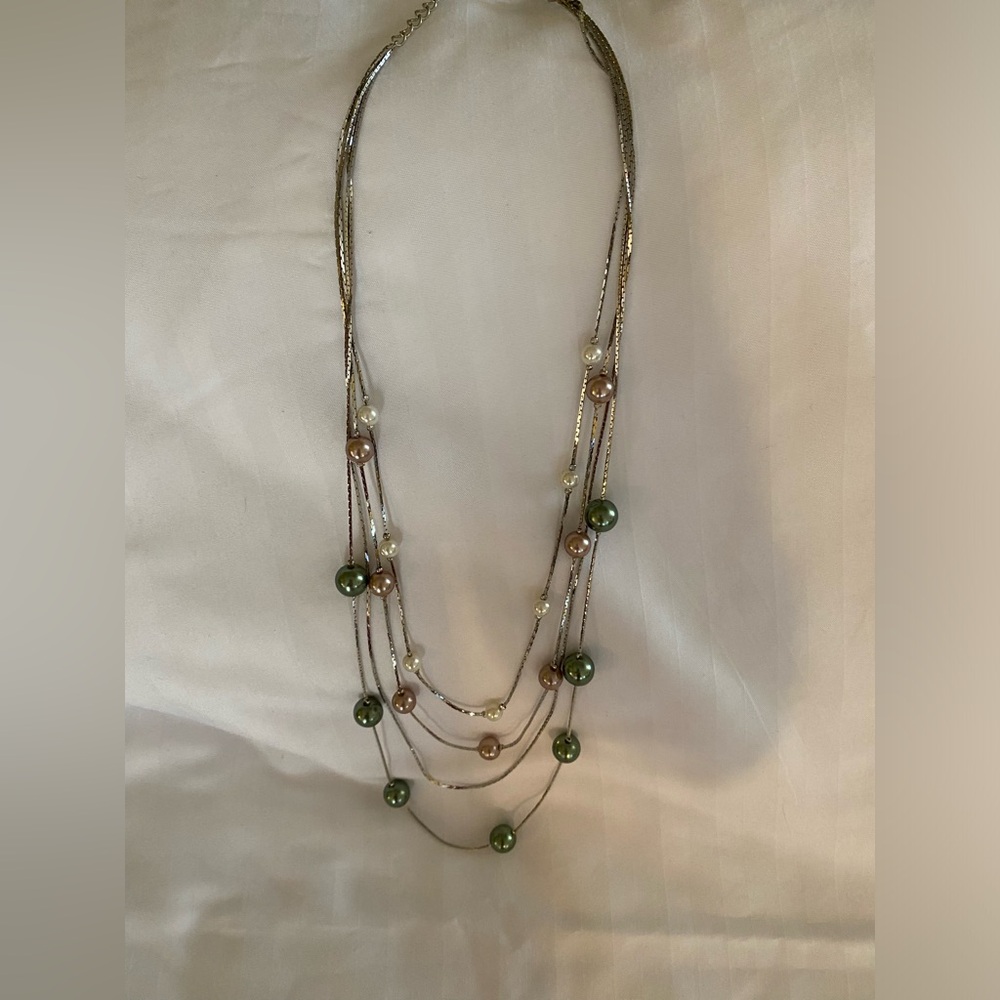Three strand multi color pearl necklace